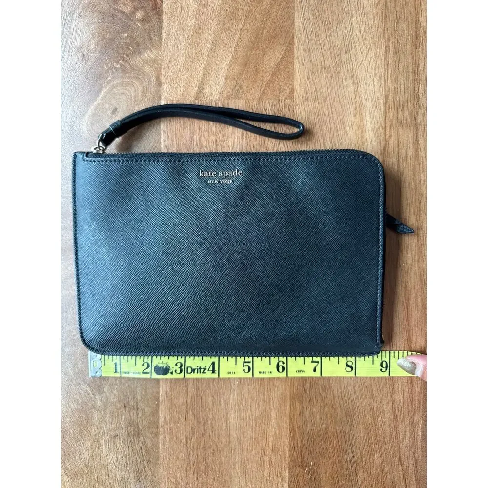 Kate Spade New York Black Saffiano Leather Wristlet Pouch Clutch Gold Zip